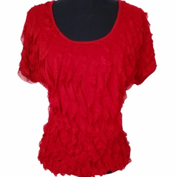 Vintage Tops - Andrea Missy Women Crimson Red Chiffon Flutter Ruffles Fairycore Blouse